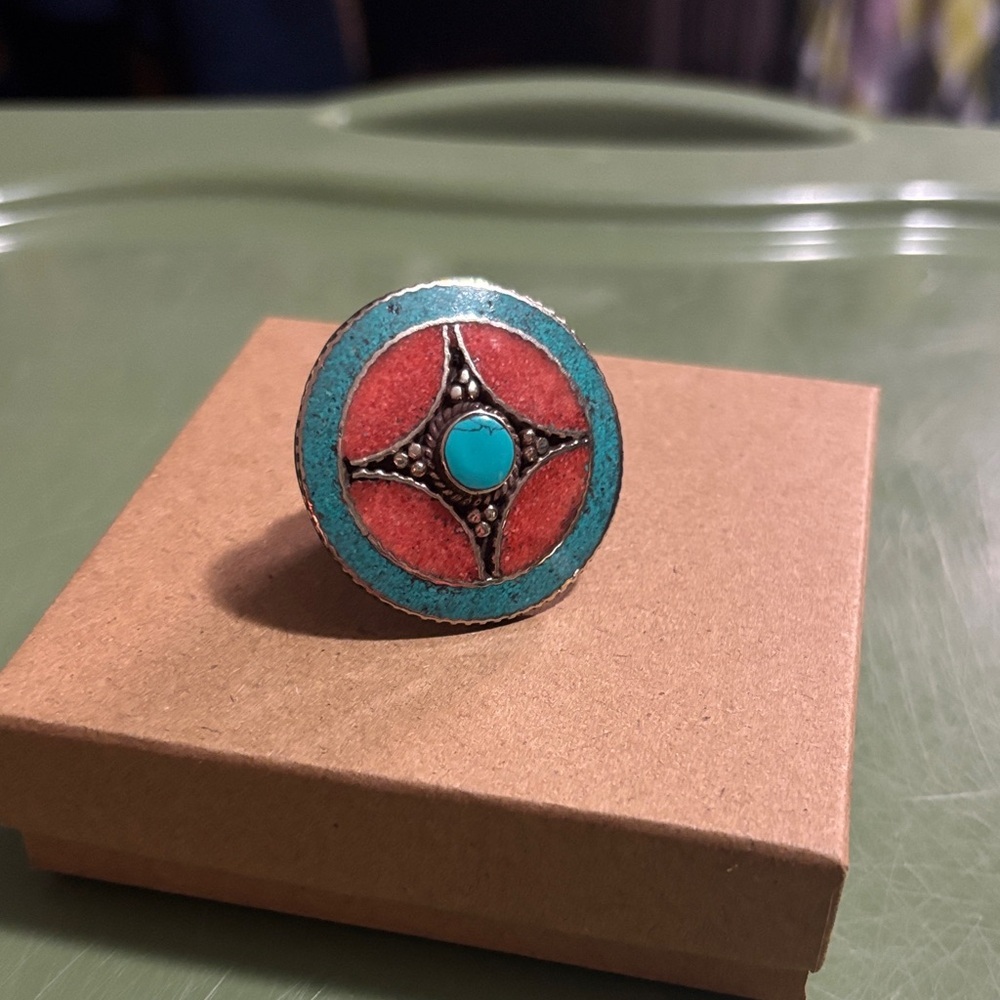 Tibetan Silver Turquoise and Coral Adjustable Ring